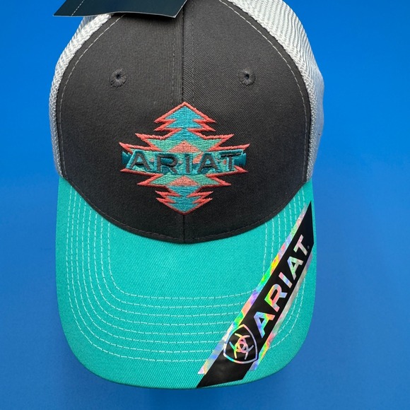 Ariat Trucker Hat Grey Turquoise Aztec Southwestern Logo Mesh Back Snapback - Picture 2 of 9